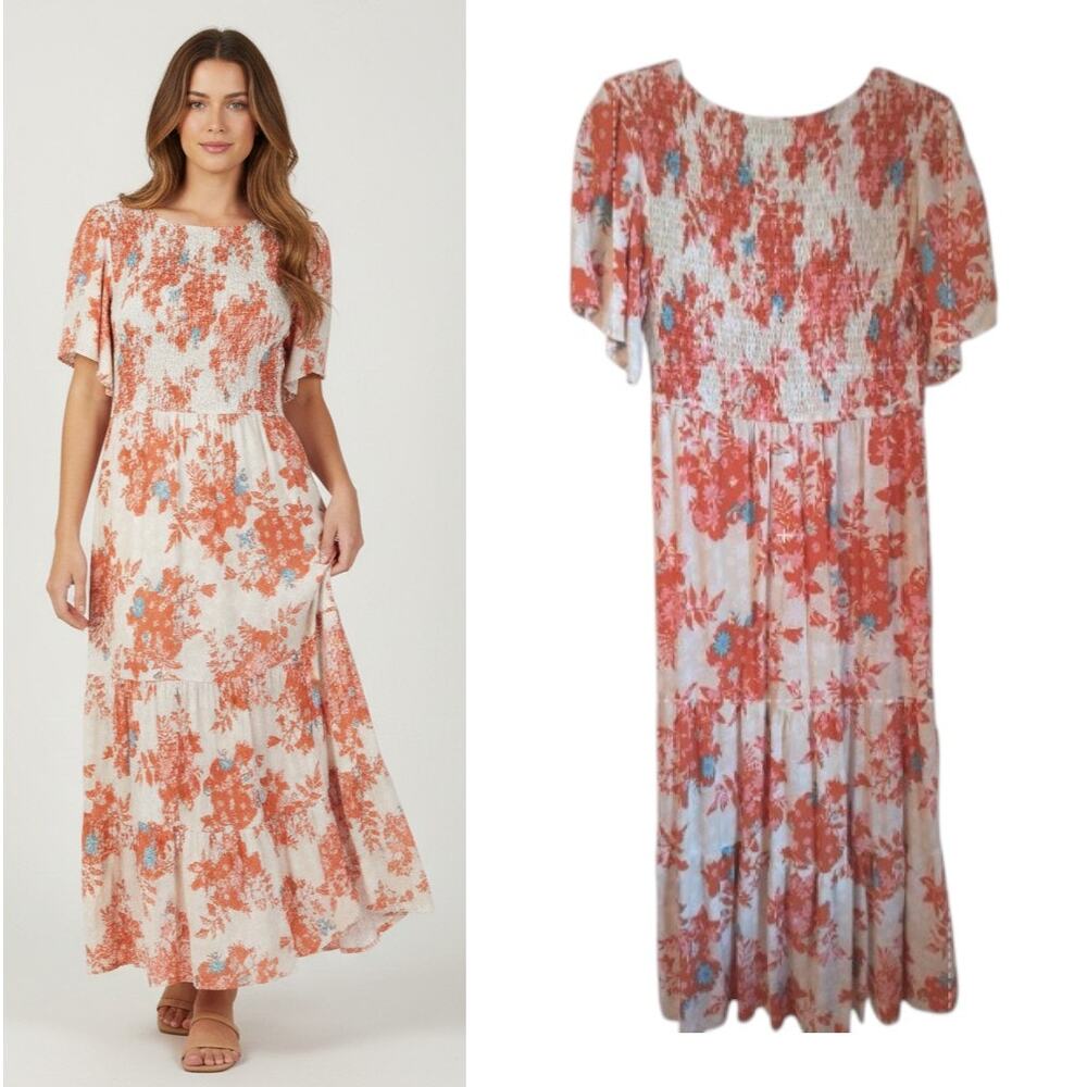 Cottagecore Smocked Maxi Dress Women's Size L Orange White Floral Short Sleeve